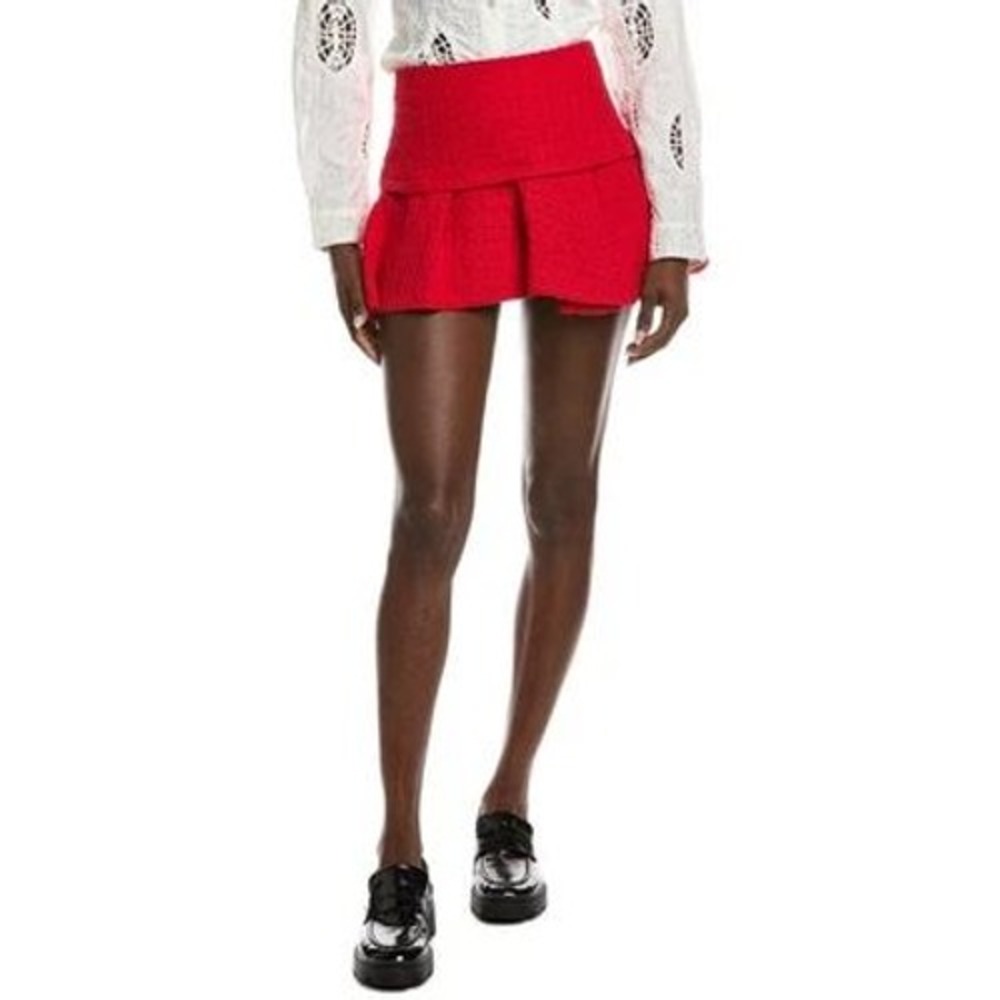 Maje Tweed Ruffled Pleated Asymmetrical Red Micro Mini Skort Skirt US S EU 36